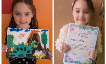 Dyplom dla Amelki w Konkursie Plastycznym pt. „Geometryczny dinozaur”